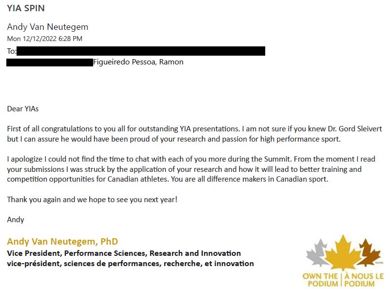 Email from Andy Van Neutegem, Vice President of Own The Podium, congratulating the Young Investigator Award finalists